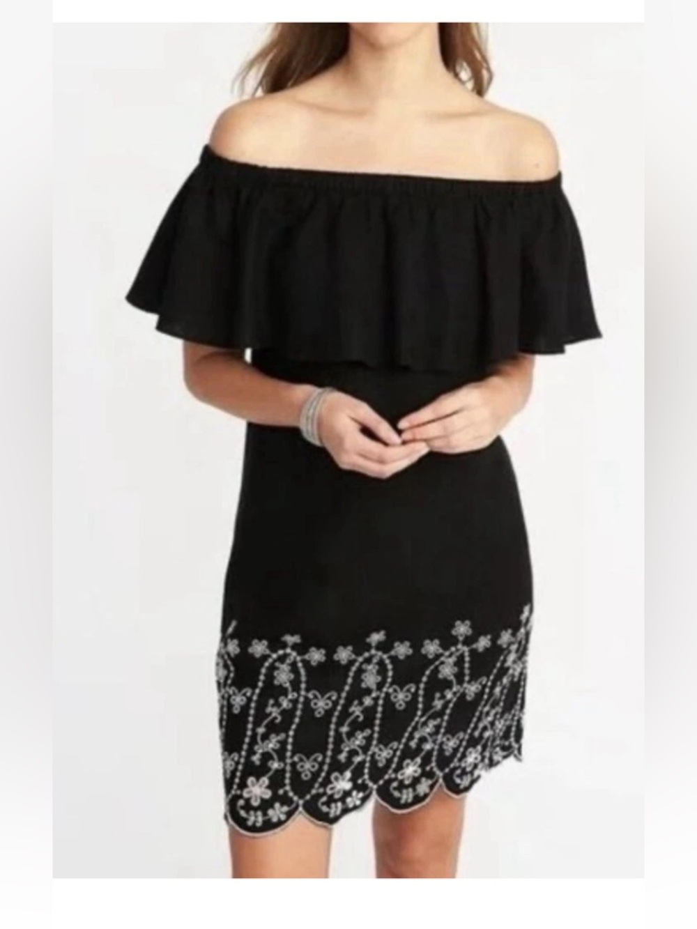 Old Navy Women's XL Black Off Shoulder Dress with Flower Lace Design Linen Blend